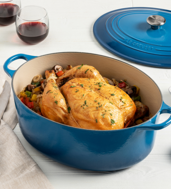 Tomato Roasted Whole Chicken with Mushrooms and Pine Nuts
